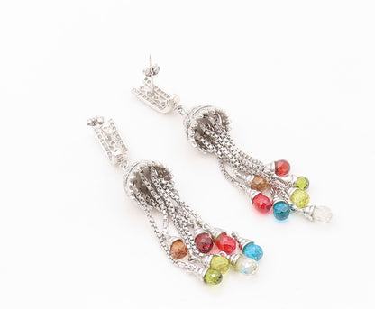 925 Sterling Silver Vintage Earrings CZ & Dangling Gemstone Tassel Cut  EG13454