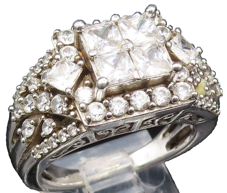 925 Silver  Vintage Multi Square & Round Cubic Zirconia Ring Sz 8.5  RG25665