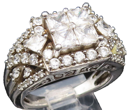 925 Silver  Vintage Multi Square & Round Cubic Zirconia Ring Sz 8.5  RG25665