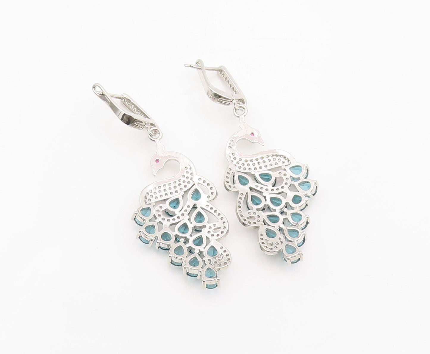 925 Sterling Silver Vintage Earrings Blue Topaz & CZ Peacock Dangles  EG13846