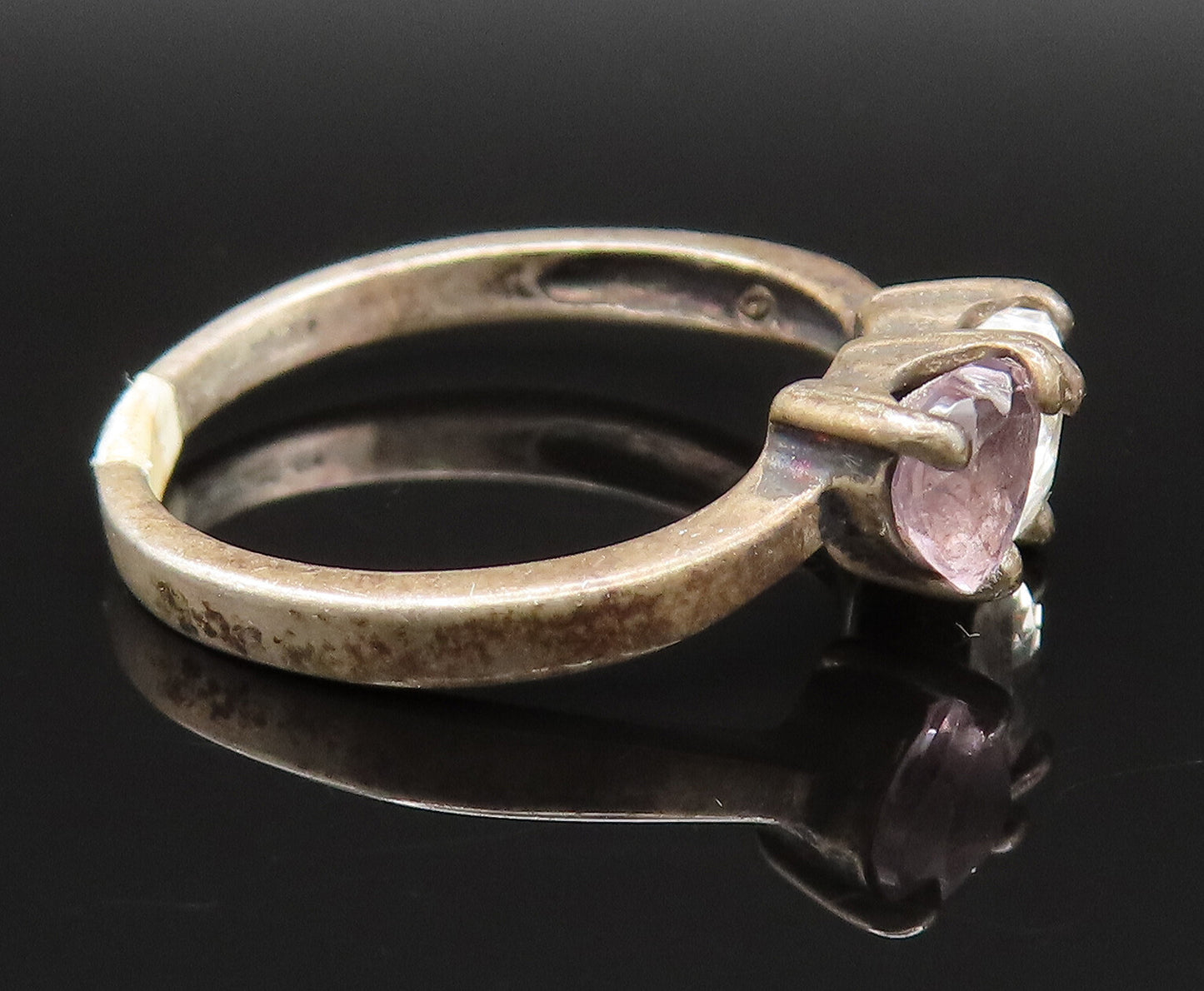 925 Sterling Silver Vintage Oxidized Double Topaz Love Heart Ring Sz 6 RG25382