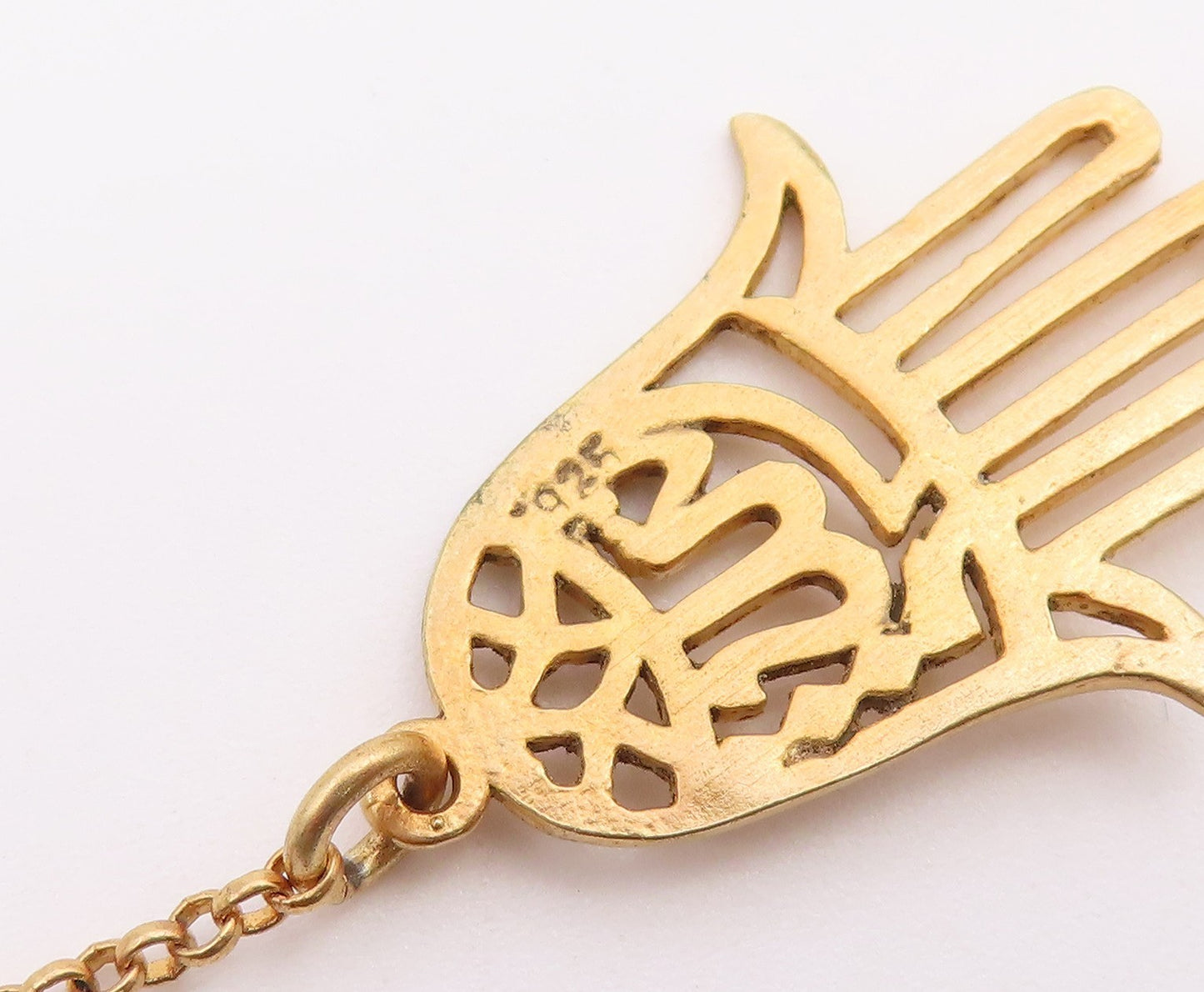 925 Sterling Silver Vintage Necklace Gold Plated Hamsa Hand Cutout Chain  NE4895