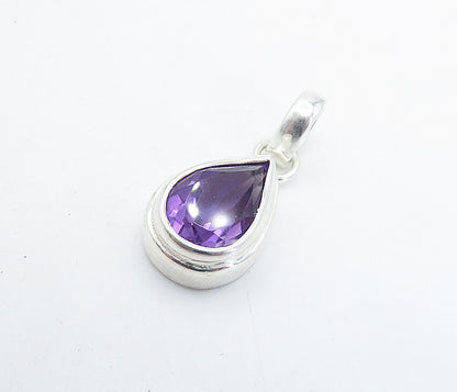 925 Sterling Silver Faceted Pear Shape Amethyst Shiny Drop Pendant PT5045