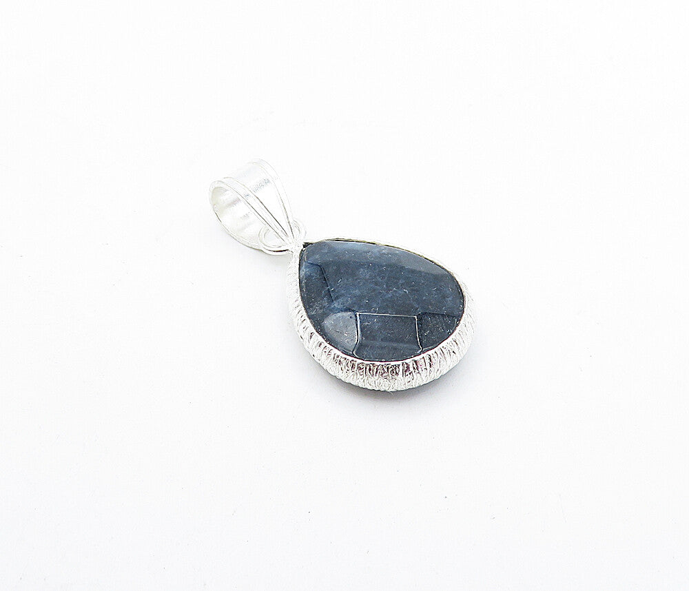 925 Sterling Silver  Faceted Sapphire Shiny Etched Tear Drop Pendant  PT3122
