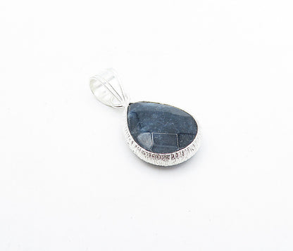 925 Sterling Silver  Faceted Sapphire Shiny Etched Tear Drop Pendant  PT3122