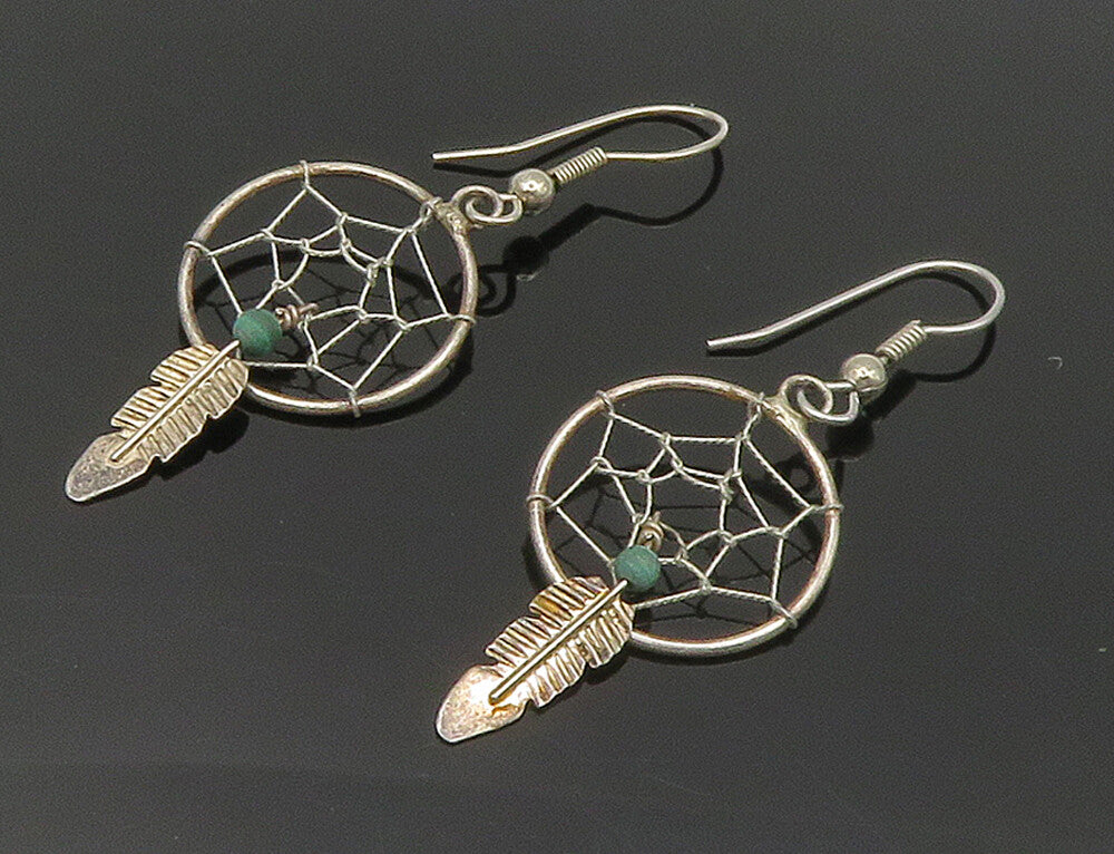 SOUTHWESTERN 925 Silver Vintage Turquoise Dream Catcher Drop Earrings EG7986