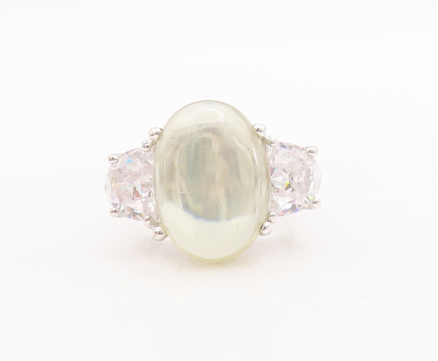 925 Sterling Silver Vintage Ring Oval Cabochon Green Amethyst & CZ Sz 7  RG29688