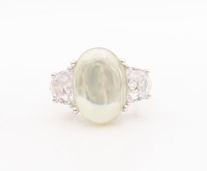 925 Sterling Silver Vintage Ring Oval Cabochon Green Amethyst & CZ Sz 7  RG29688