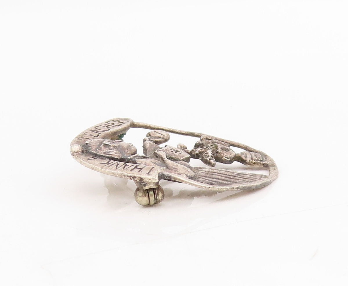 925 Sterling Silver Vintage Brooch Dark Tone Teachers Day Badge Cutout  BP11490