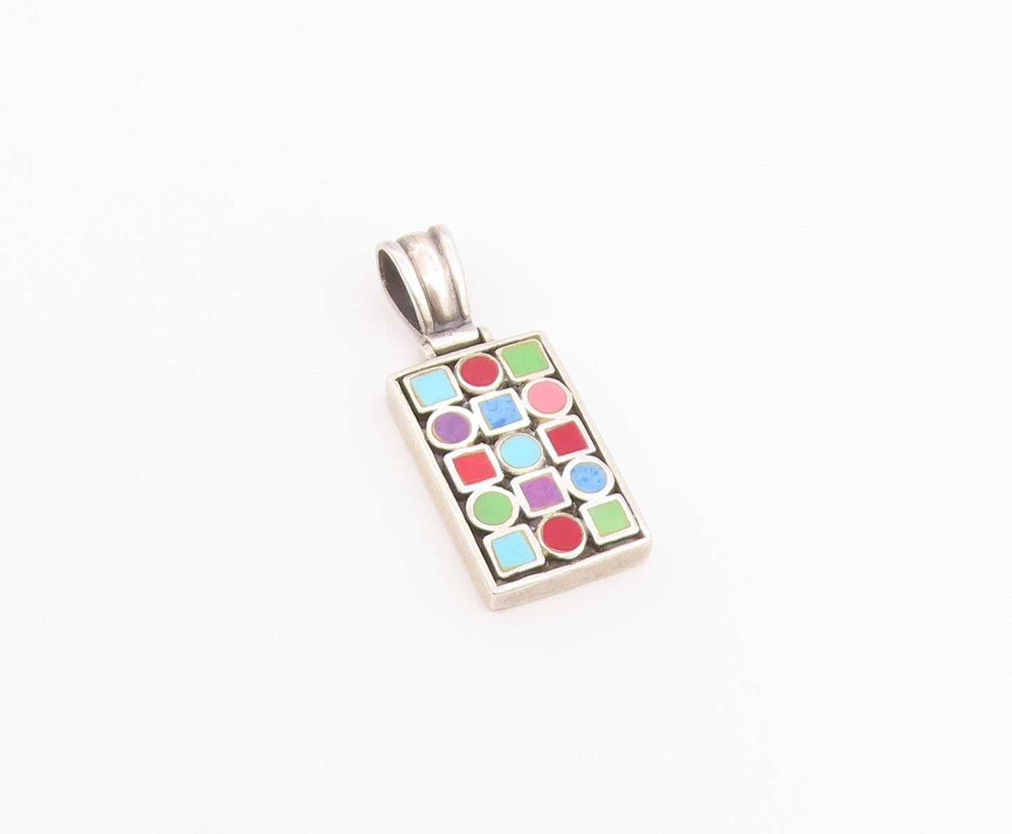 925 Sterling Silver Vintage Pendant Multi Gemstone Geometric Grid Charm  PT26526