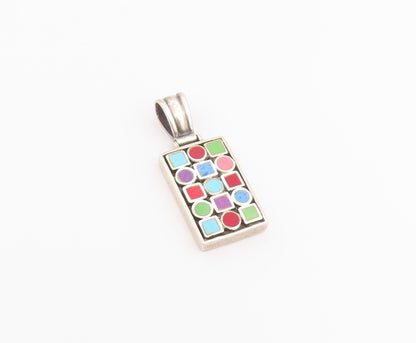 925 Sterling Silver Vintage Pendant Multi Gemstone Geometric Grid Charm  PT26526