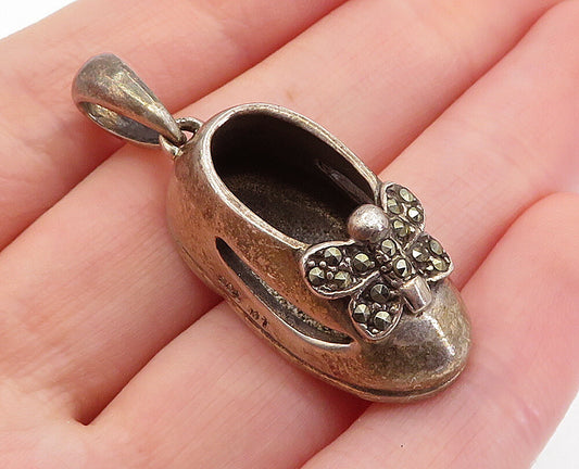 925 Sterling Silver  Vintage Marcasite Decorated Butterfly Shoe Pendant PT3667