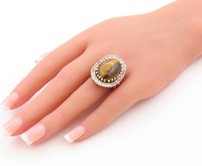 925 Sterling Silver Vintage Ring Gold Plated PANETTA Tiger's Eye CZ Sz 7 RG32713
