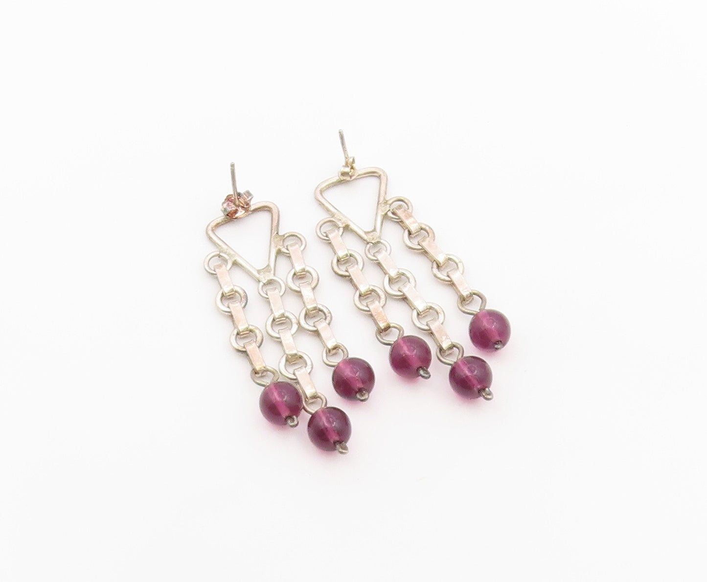 925 Sterling Silver Vintage Earrings Amethyst Bead Geometric Chandelier  EG14440