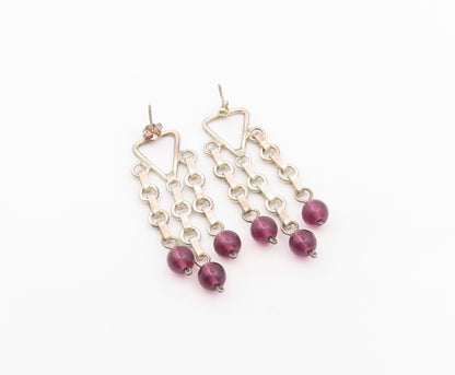 925 Sterling Silver Vintage Earrings Amethyst Bead Geometric Chandelier  EG14440
