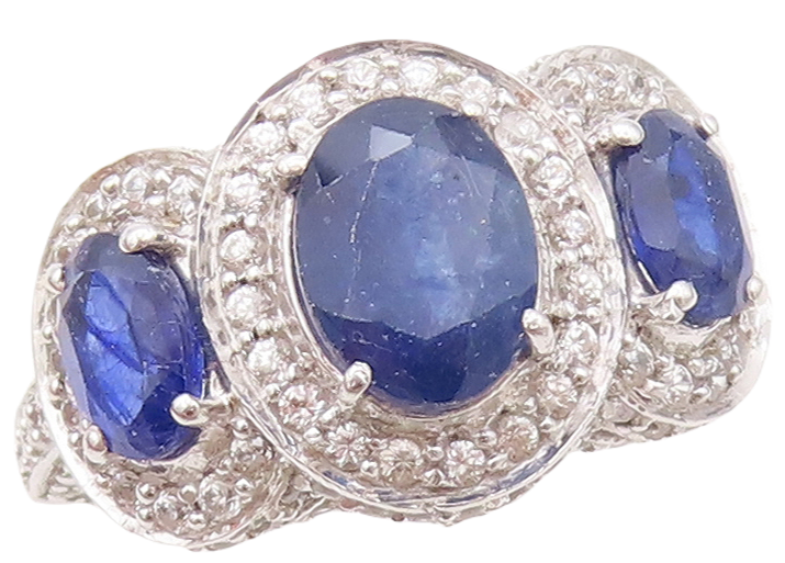 925 Sterling Silver Vintage Ring Oval Cut Sapphire Halo CZ  Sz 7.5  RG30373