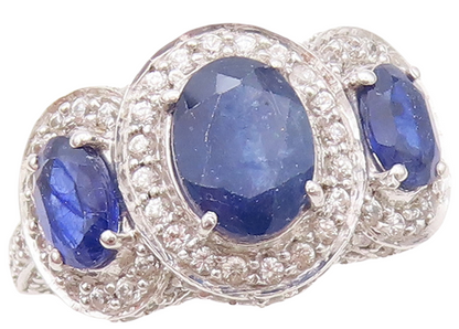 925 Sterling Silver Vintage Ring Oval Cut Sapphire Halo CZ  Sz 7.5  RG30373
