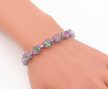 925 Sterling Silver Vintage Bracelet Oval Cut Mystic Topaz & CZ Links BT10752