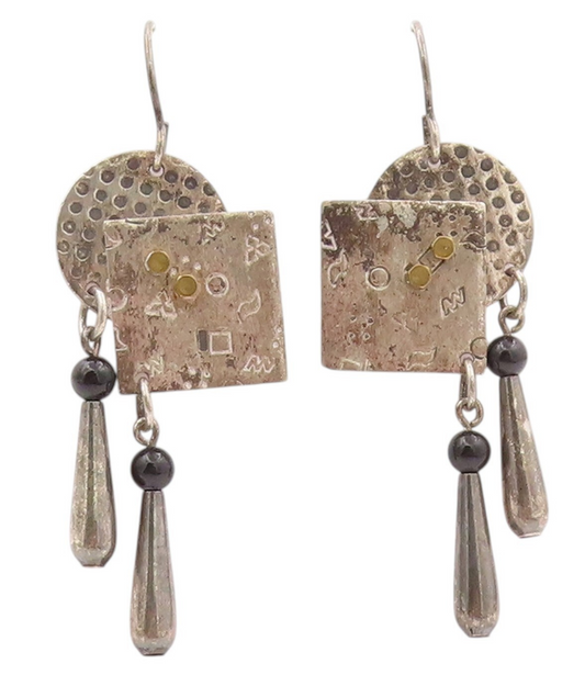 925 Sterling Silver Vintage Earrings Modernist Dark Tone Square & Circle EG13451