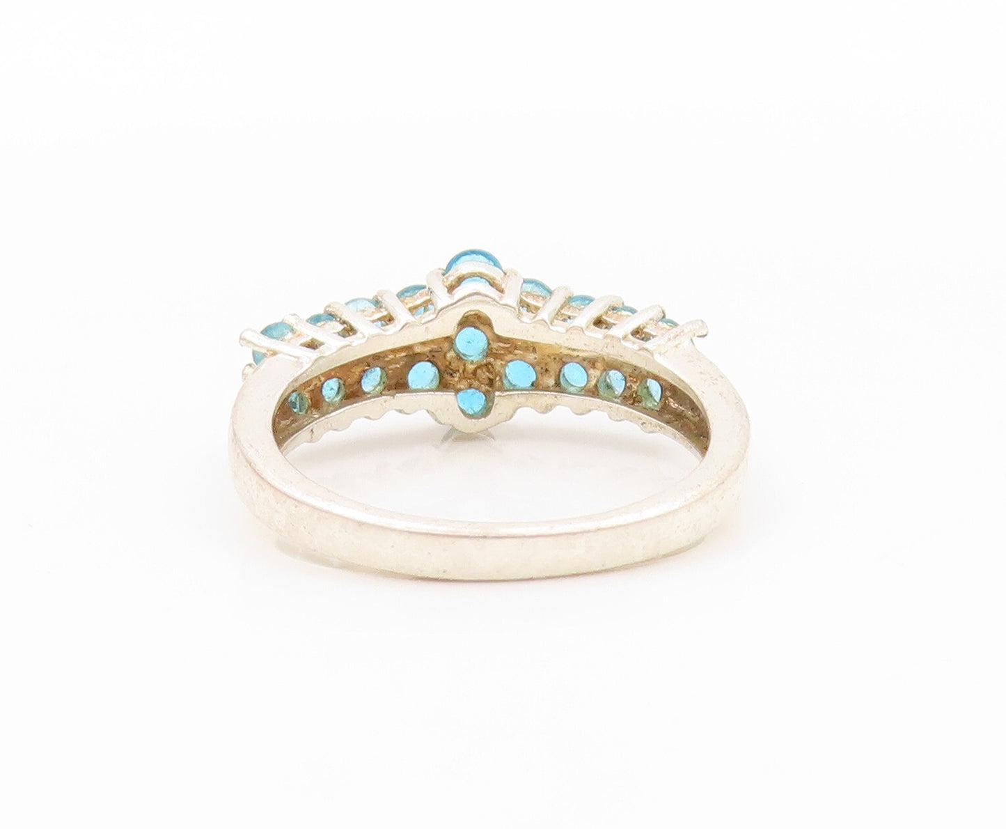 925 Sterling Silver Vintage Ring Round Blue Topaz Flower Band Inlay Sz 6 RG31924