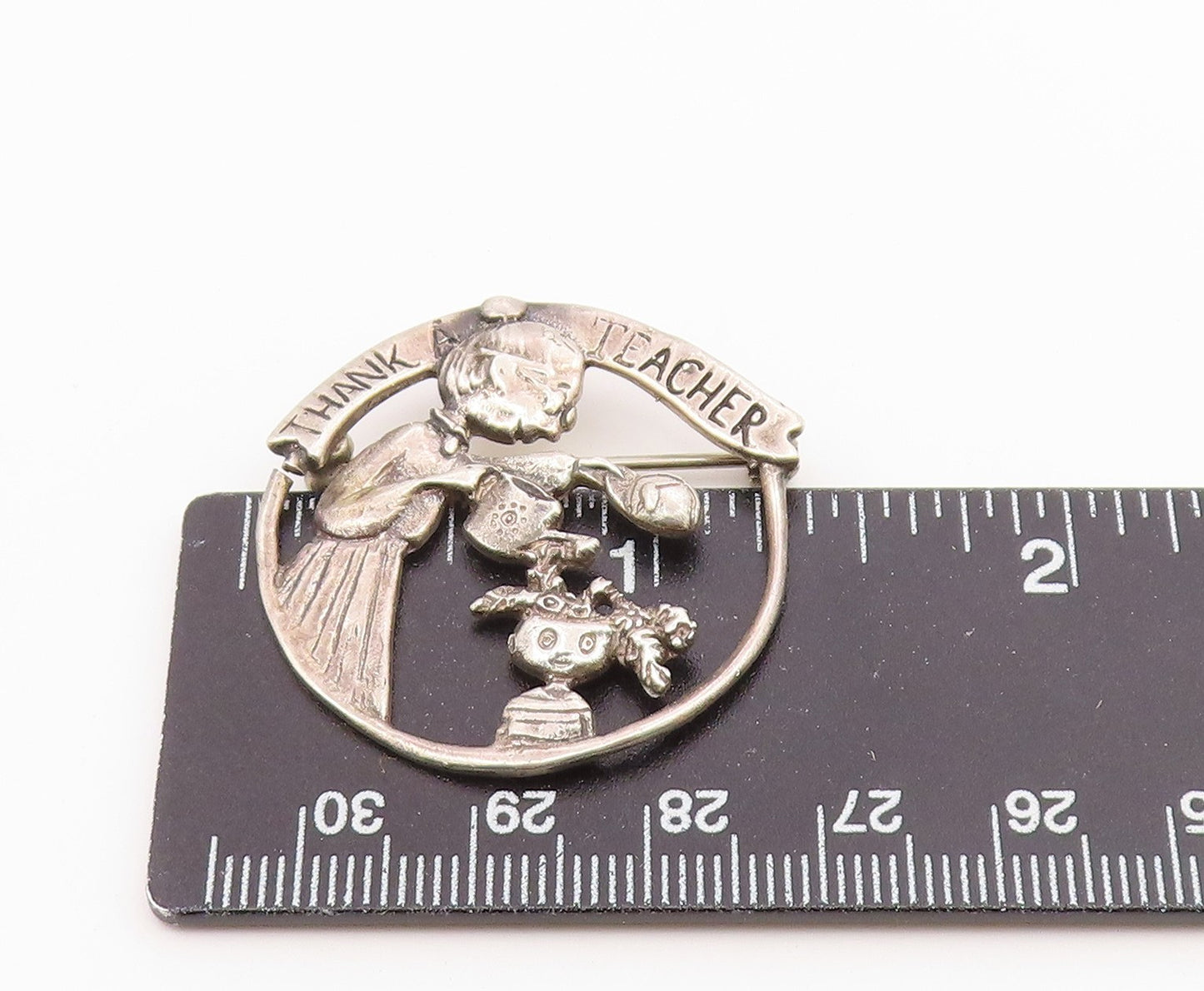 MEINK 925 Sterling Silver  Vintage Dark Tone Thank A Teacher Brooch Pin BP3311