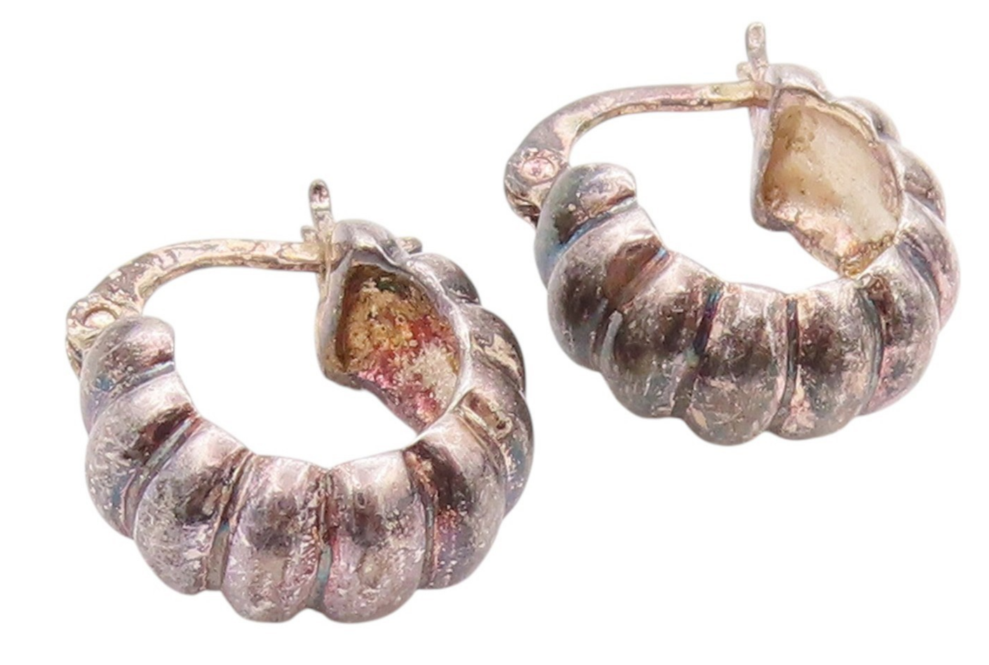 925 Sterling Silver Vintage Earrings Dark Tone Grooved Mini Hoops  EG13650