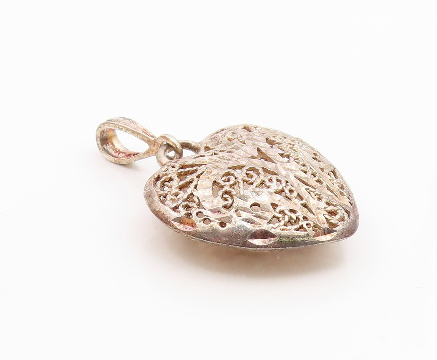 925 Sterling Silver Vintage Shiny Diamond Cut Love Heart Pendant  PT18444