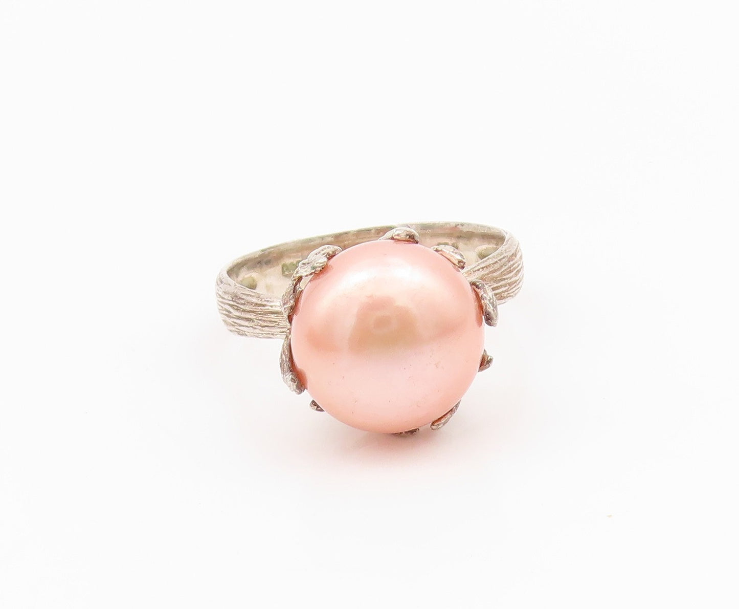 925 Sterling Silver Vintage Ring Modernist Pink Pearl Grooved Band Sz 10 RG33038