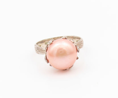925 Sterling Silver Vintage Ring Modernist Pink Pearl Grooved Band Sz 10 RG33038