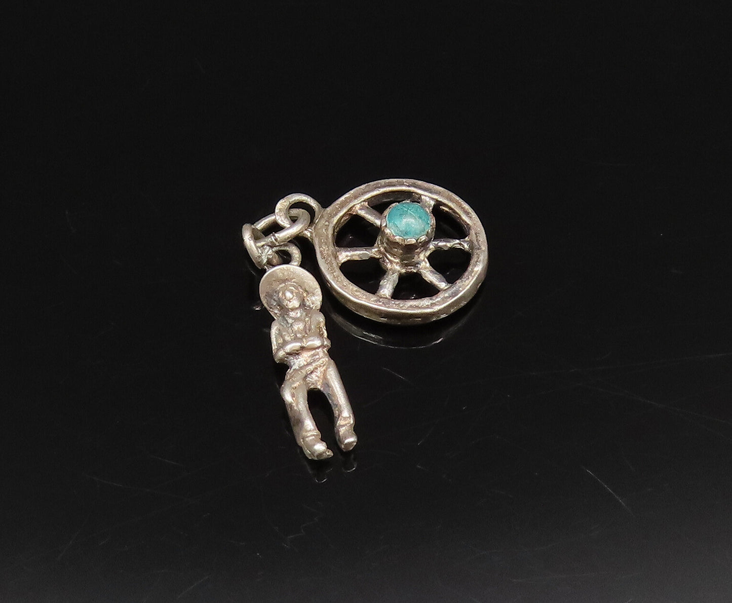 925 Sterling Silver  Vintage Cowboy & Turquoise Wheel Charm Pendant  PT21606