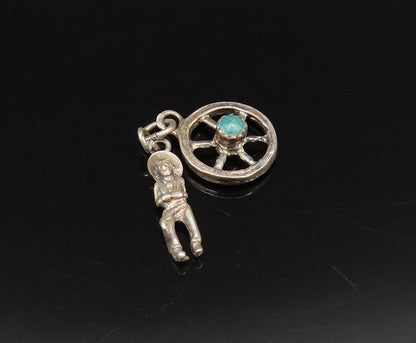 925 Sterling Silver  Vintage Cowboy & Turquoise Wheel Charm Pendant  PT21606