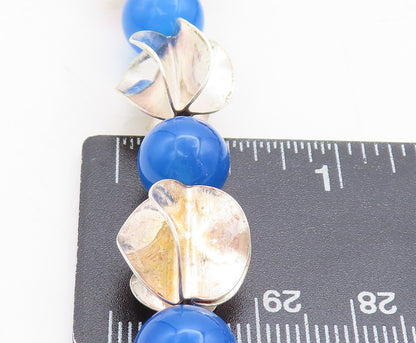 925 Sterling Silver  Vintage Blue Chalcedony Beaded Chain Necklace  NE1190