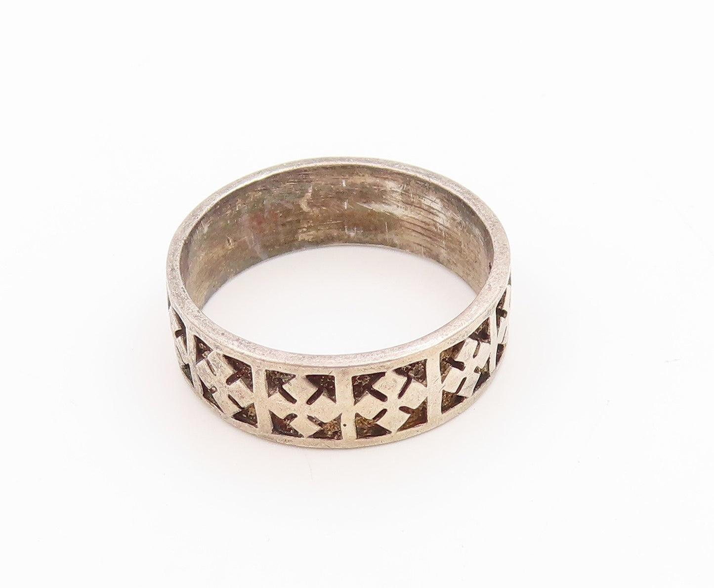 925 Sterling Silver Vintage Ring Carved Geometric Cross Pattern  Sz 8  RG36097