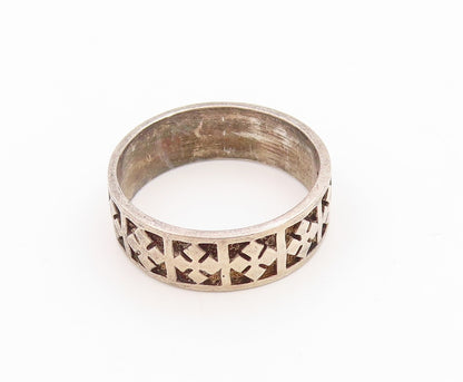 925 Sterling Silver Vintage Ring Carved Geometric Cross Pattern  Sz 8  RG36097