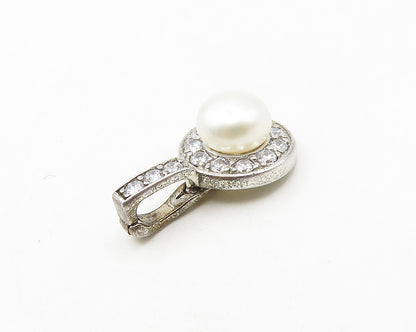 925 Sterling Silver  Vintage Petite Pearl & Cubic Zirconia Pendant  PT14749