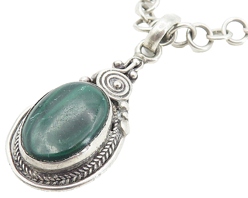 925 Sterling Silver Vintage Cabochon Cut Malachite Chain Necklace NE1460