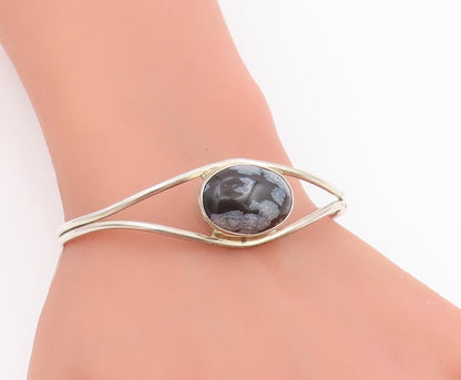 925 Sterling Silver Vintage Bracelet Oval Cabochon Agate Modernist Cuff  BT11508