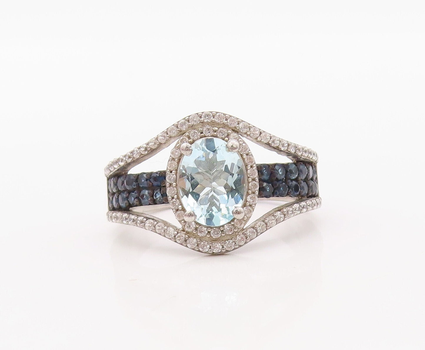 925 Sterling Silver Vintage Ring Cutout Blue & White Topaz Sapphire Sz 7 RG30842