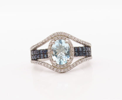 925 Sterling Silver Vintage Ring Cutout Blue & White Topaz Sapphire Sz 7 RG30842