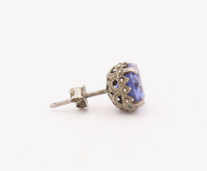 925 Sterling Silver Vintage Earrings Round Cut Purple CZ Carved Studs  EG12901