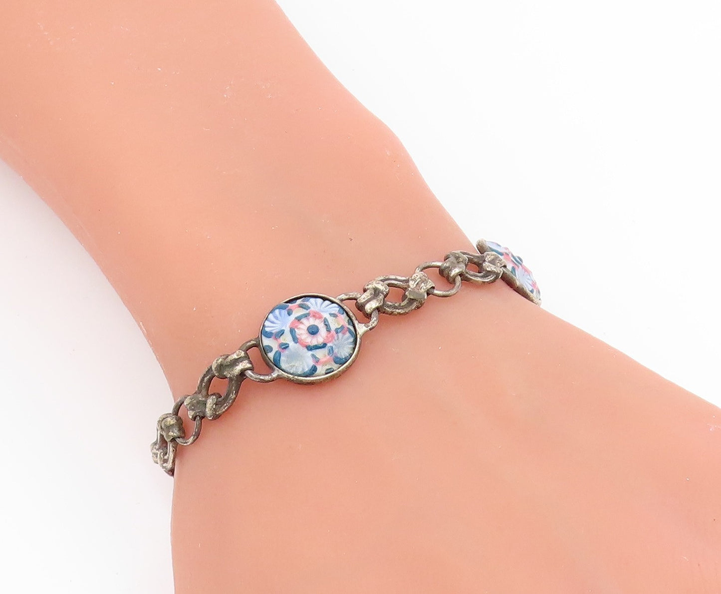 925 Sterling Silver Vintage Bracelet Antique Carved Floral Blossom Link  BT11925