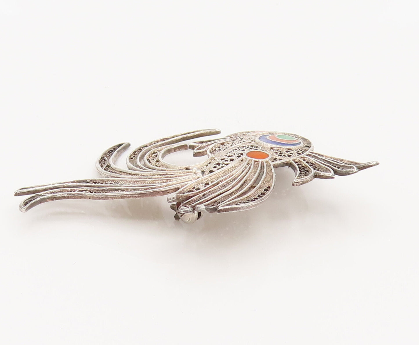 925 Sterling Silver Vintage Enamel & Filigree Detailed Fish Brooch Pin BP10107