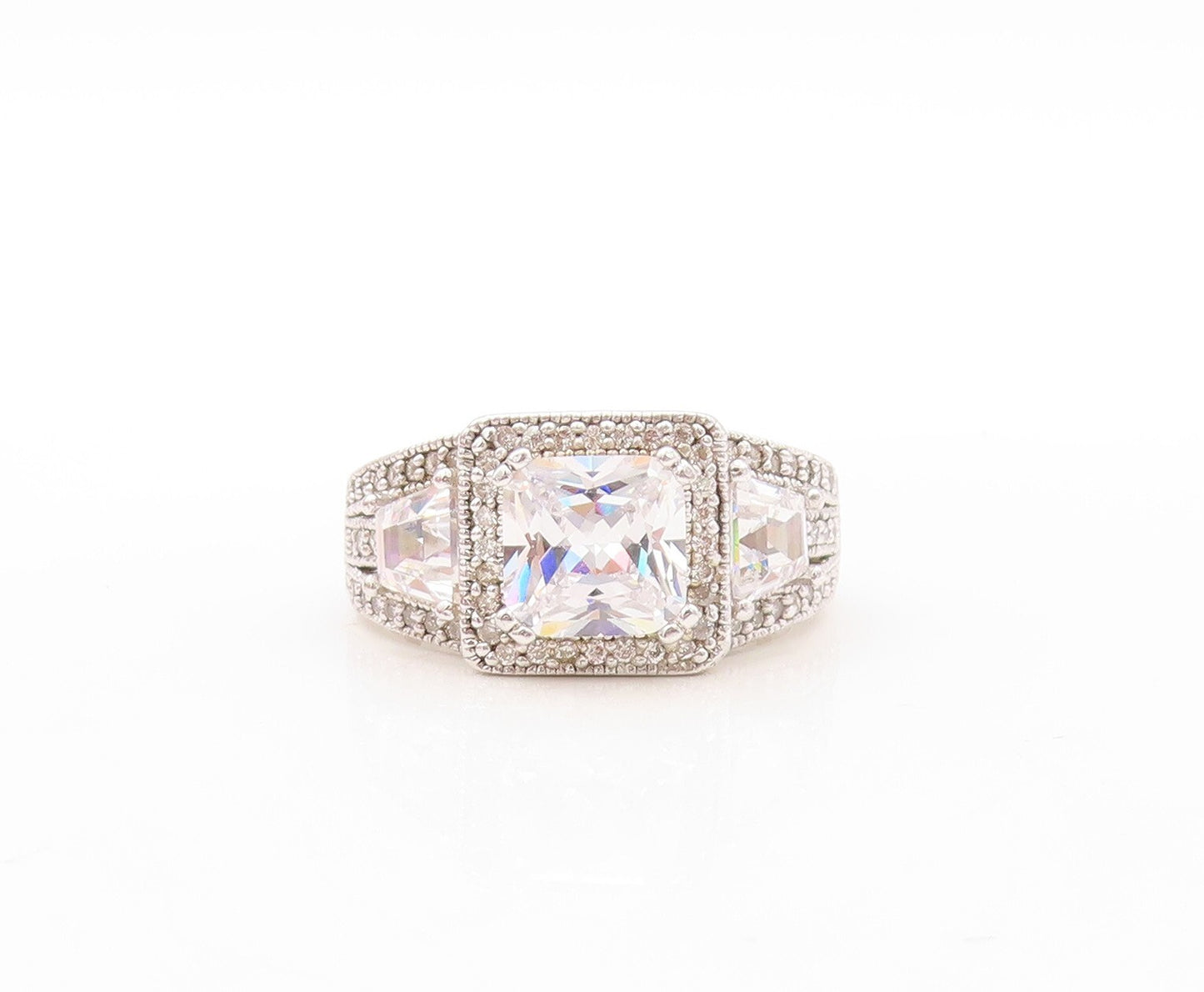 925 Sterling Silver Vintage Ring Designer Square Cut CZ Inlay  Sz 7  RG30936