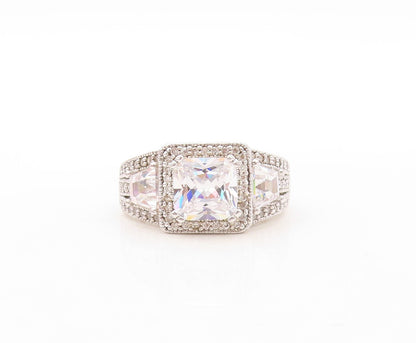 925 Sterling Silver Vintage Ring Designer Square Cut CZ Inlay  Sz 7  RG30936