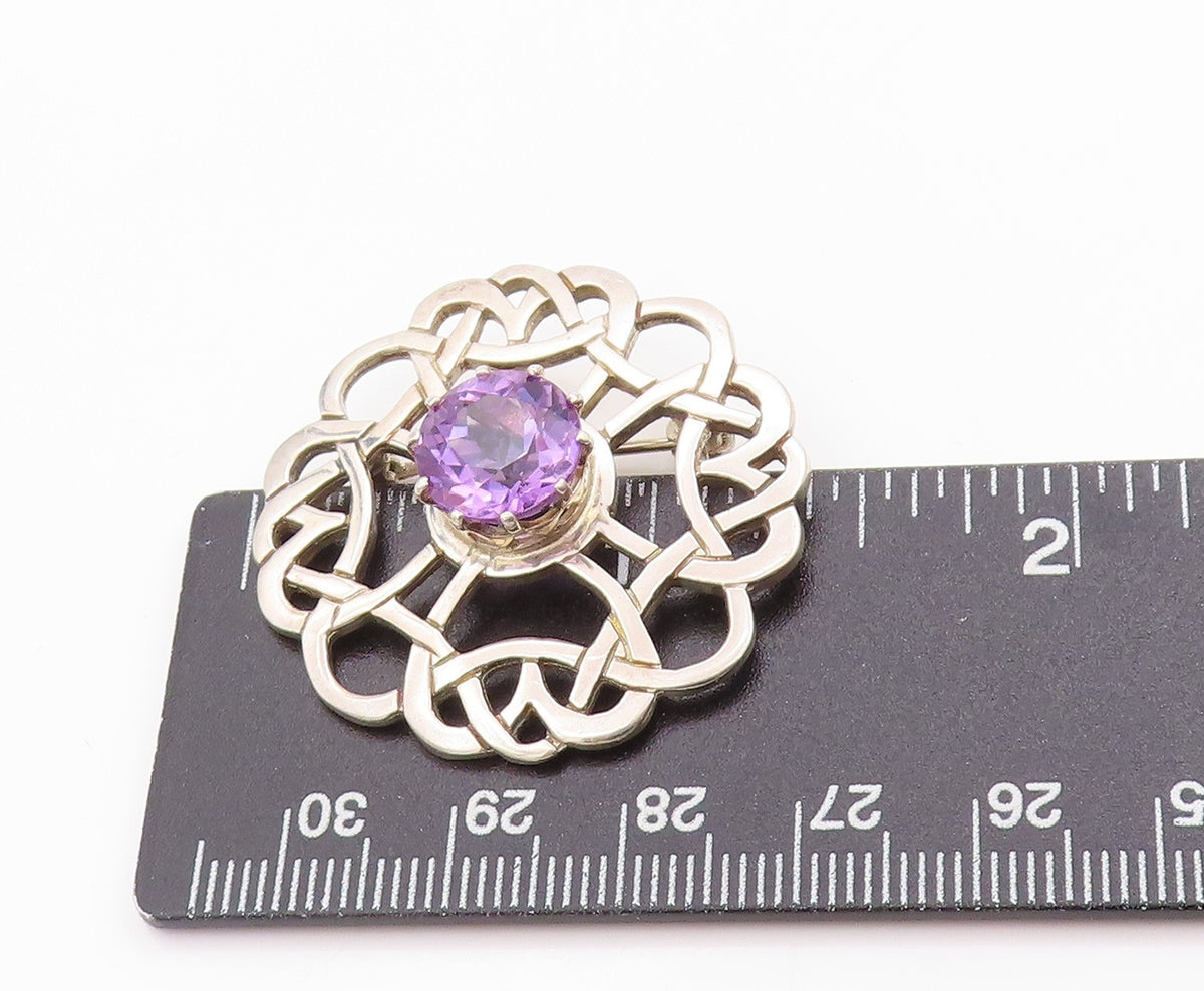 925 Sterling Silver Vintage Brooch Faceted Amethyst Celtic Cut Out Pin  BP11845