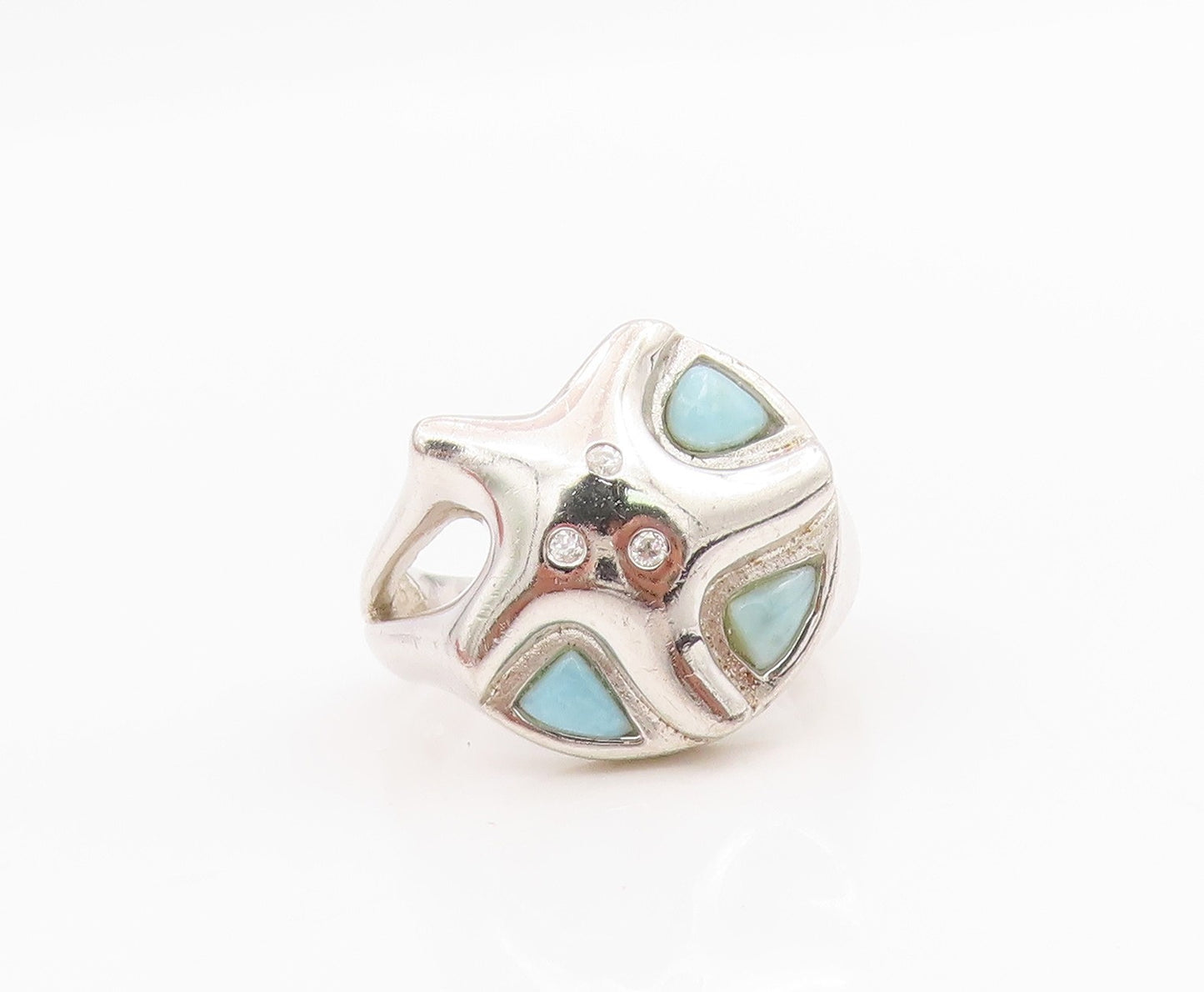 925 Sterling Silver Vintage Ring Larimar & CZ Starfish Design  Sz 7  RG34182