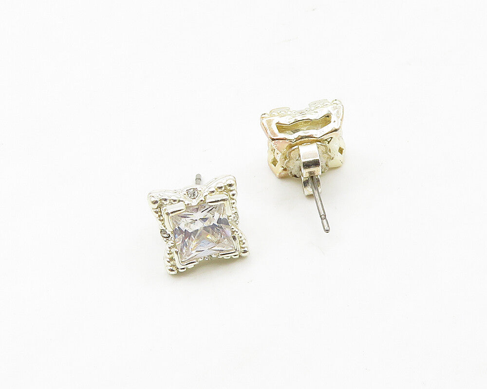 925 Sterling Silver  Vintage Shiny Cubic Zirconia Square Stud Earrings  EG9569