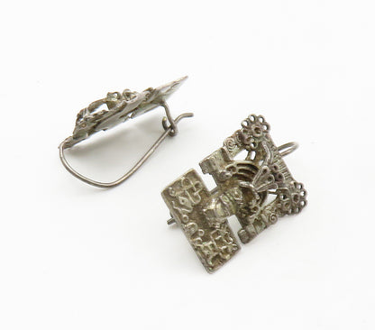 925 Sterling Silver  Vintage Antique Face Mask Floral Drop Earrings  EG7666