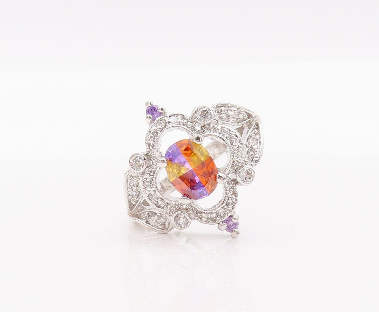 925 Sterling Silver Vintage Ring Cutout Carved Gemstone Flower  Sz 9.5  RG28297