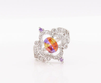 925 Sterling Silver Vintage Ring Cutout Carved Gemstone Flower  Sz 9.5  RG28297